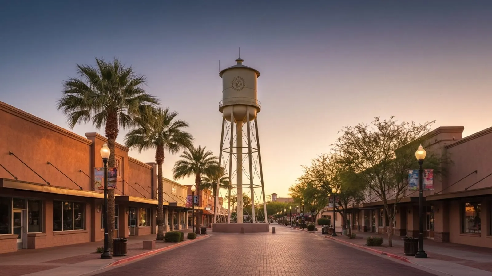 Editorial photograph of the Gilbert Heritage District water tower and downtown at golden hour with a wide brick pedestrian street, single-story heritage commercial buildings, and palm trees.