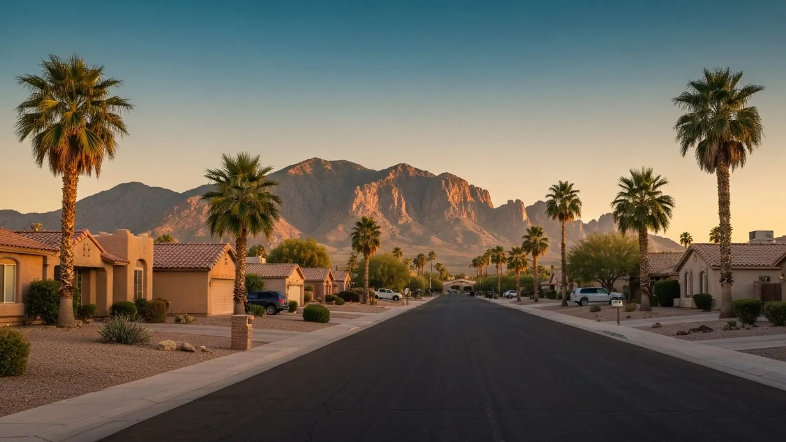 Editorial photograph of an East Valley suburban Mesa streetscape at golden hour with single-story stucco homes, mature palm trees, and the Superstition Mountains in the background.