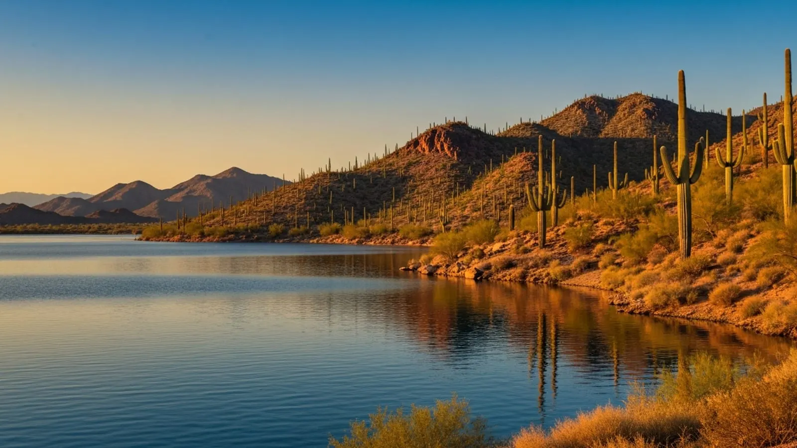 Editorial photograph of Lake Pleasant Regional Park near Peoria Arizona at golden hour with calm blue desert lake water, rugged Sonoran Desert mountain shoreline studded with saguaro, and warm amber sky reflected on the water.