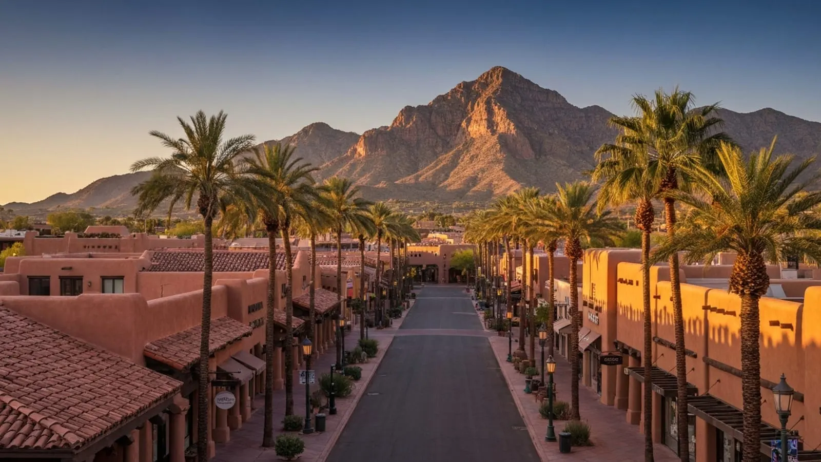 Editorial photograph of Old Town Scottsdale at golden hour with Spanish-colonial pueblo-style adobe buildings, terracotta tile roofs, mature palm trees, and Camelback Mountain visible in the background.