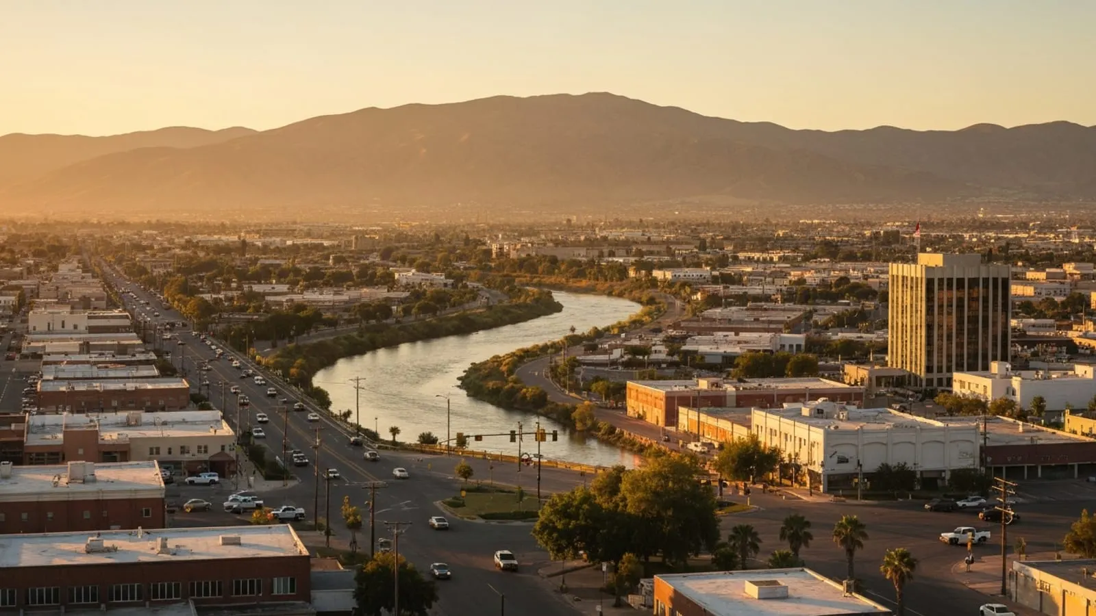 Editorial photograph of downtown Bakersfield at golden hour with the Kern River and surrounding Sierra Nevada foothills visible behind.