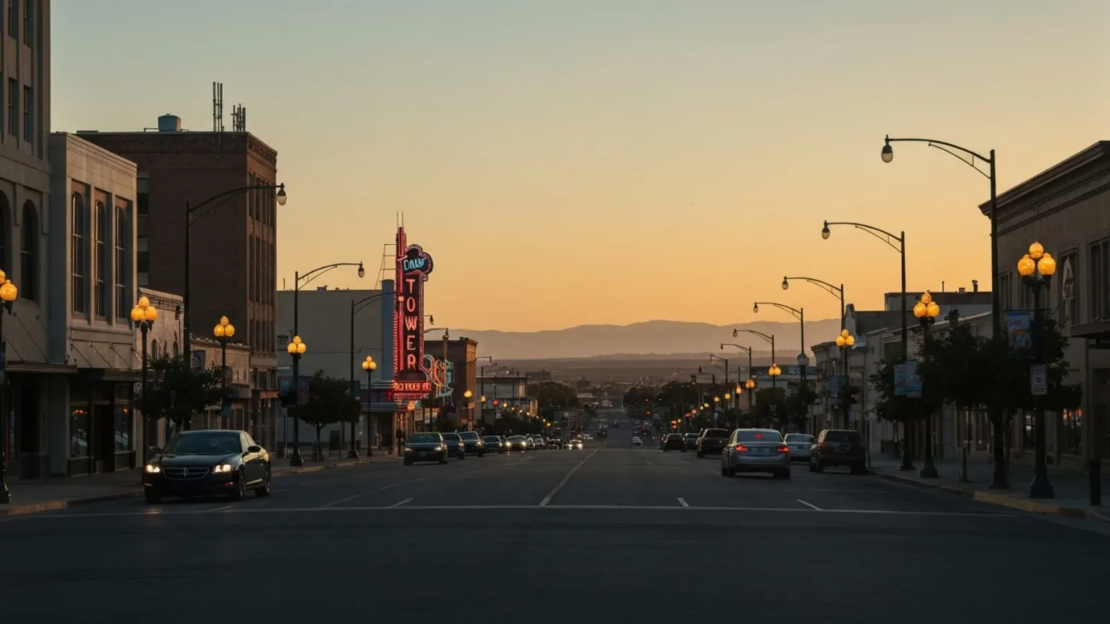 Editorial photograph of downtown Fresno with the Tower Theatre and Tower District sign visible against a warm Central Valley sunset sky.