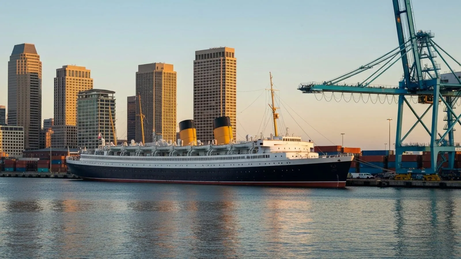 Editorial photograph of the Queen Mary docked at the Port of Long Beach with the downtown Long Beach skyline visible behind at golden hour.