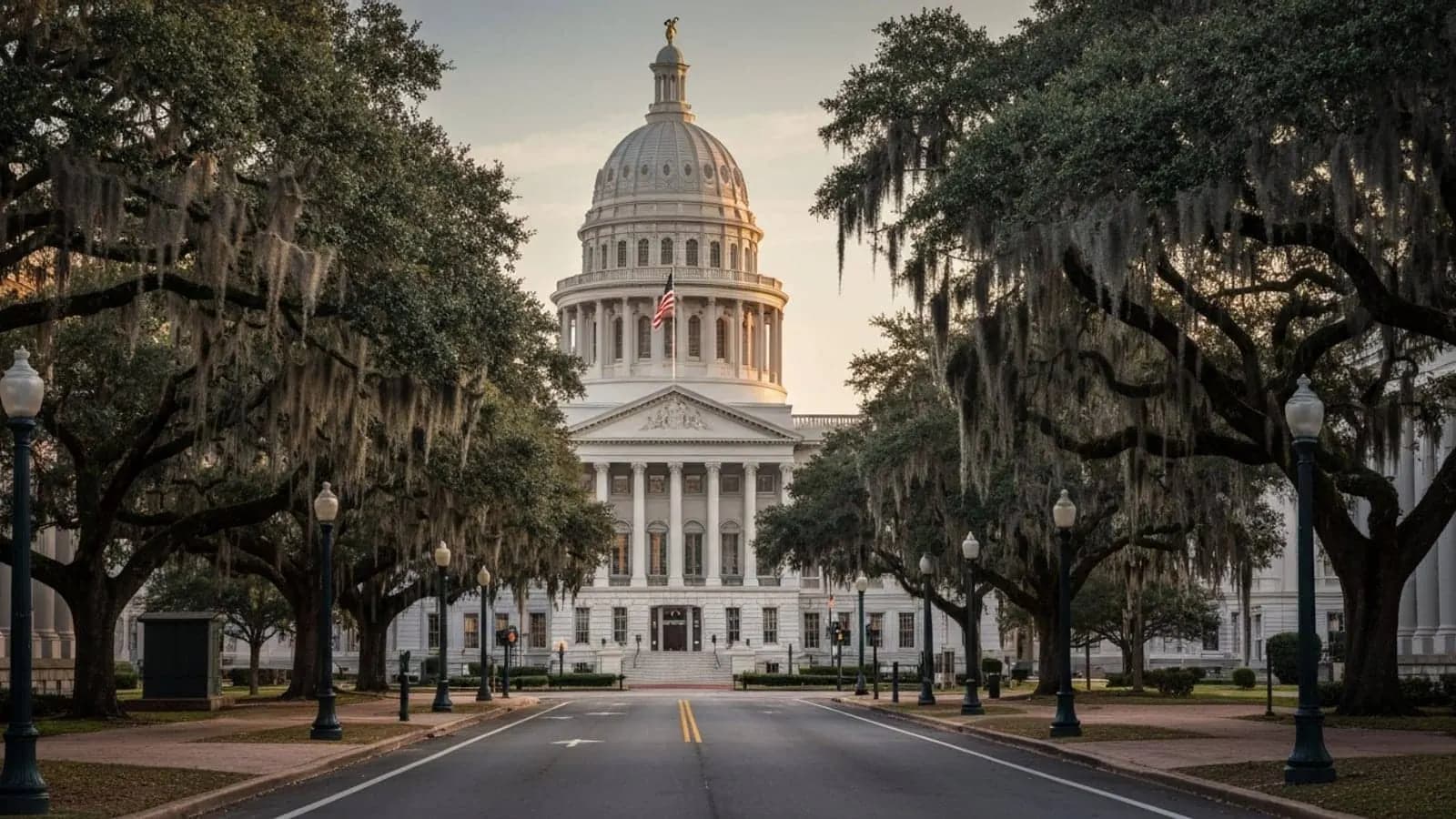 Editorial photograph of the Florida State Capitol building dome in Tallahassee at golden hour with live oak trees draped in Spanish moss flanking the foreground avenue.