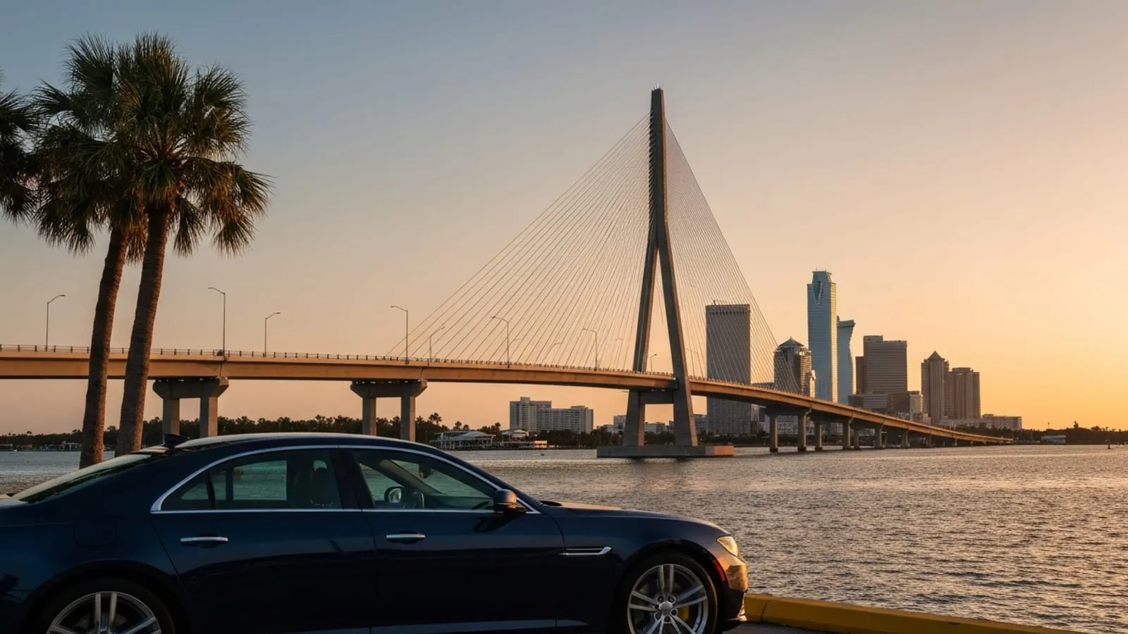 Editorial photograph of the Sunshine Skyway Bridge in Tampa Bay at golden hour with the downtown Tampa skyline visible far behind and palm trees in the foreground.