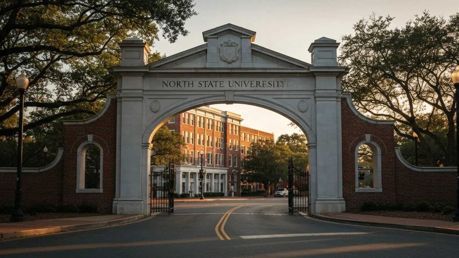Editorial photograph of the historic North Campus arch entrance to a Georgia state university at golden hour with the brick downtown Athens Georgia buildings of Broad Street visible behind.