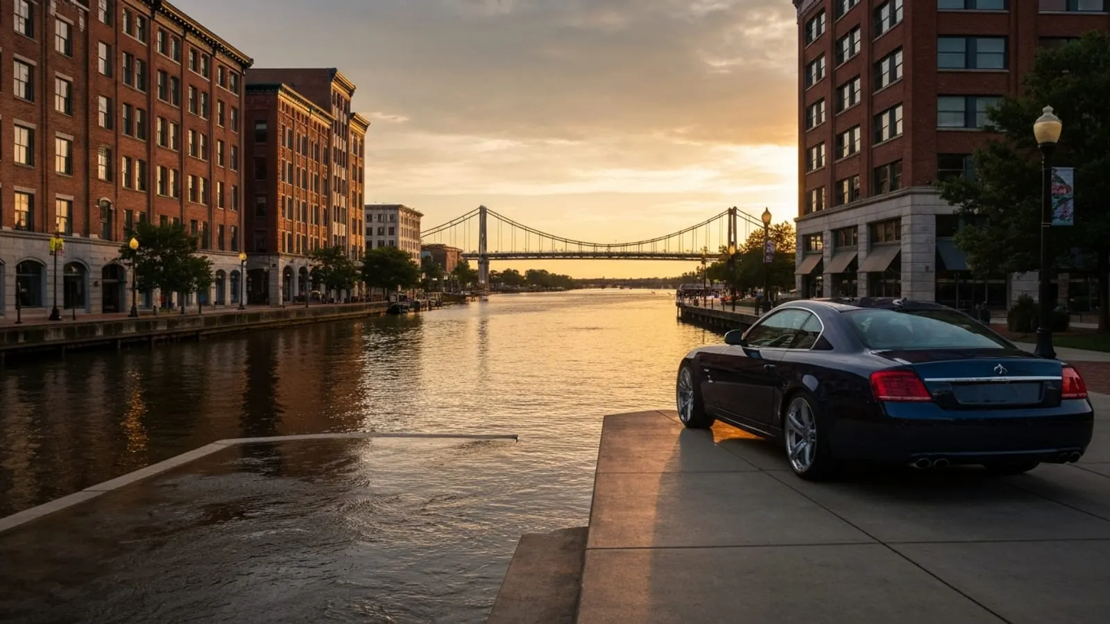Editorial photograph of the Augusta riverwalk along the Savannah River at golden hour with historic downtown Augusta brick buildings on the Georgia side.