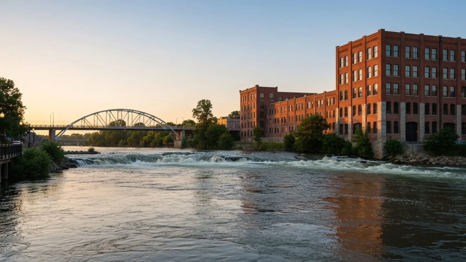 Editorial photograph of the Chattahoochee Riverwalk in Columbus Georgia at golden hour with the whitewater rapids visible mid-river and historic brick mill buildings.