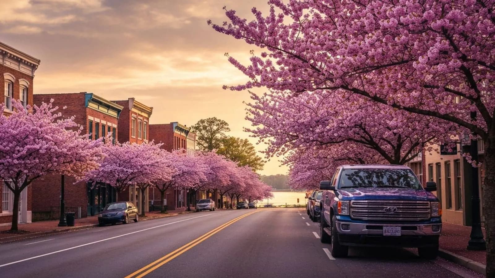 Editorial photograph of a Macon Georgia street lined with cherry blossom trees in full pink bloom at golden hour with historic downtown Macon brick buildings.
