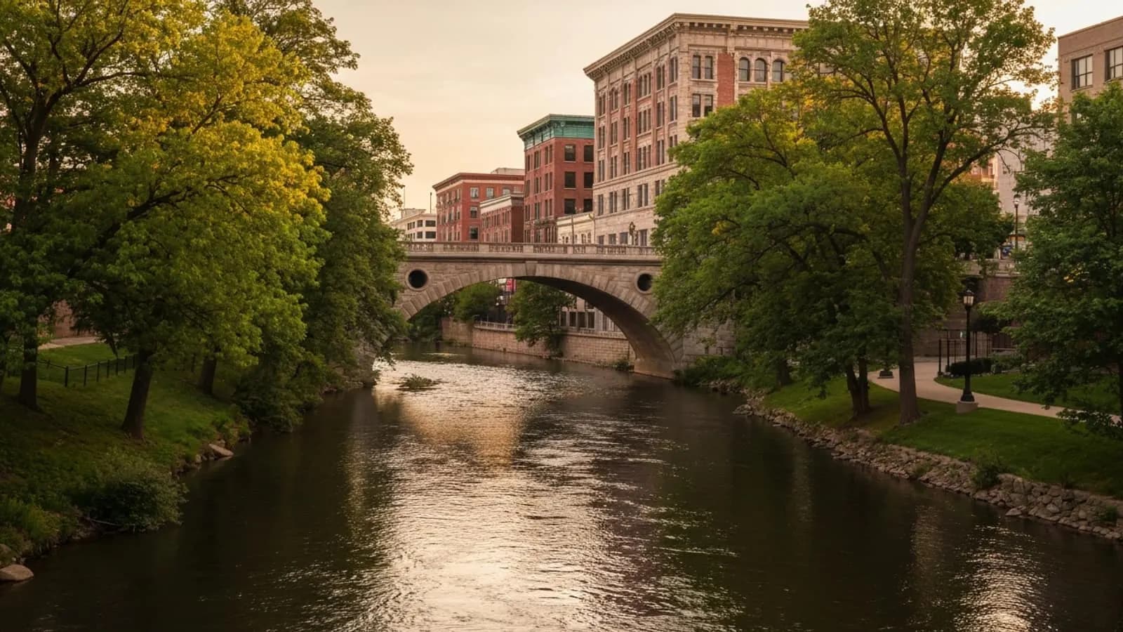 Editorial photograph of the Fox River winding through downtown Aurora Illinois at golden hour with a historic stone arch bridge crossing the river and brick downtown commercial buildings visible behind.