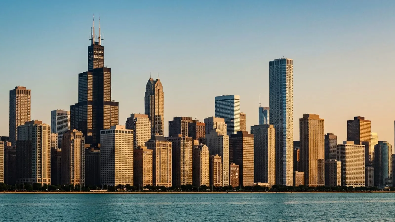 Editorial photograph of the downtown Chicago Loop skyline at golden hour seen across Lake Michigan with the Willis Tower and the Aon Center anchoring the silhouette.