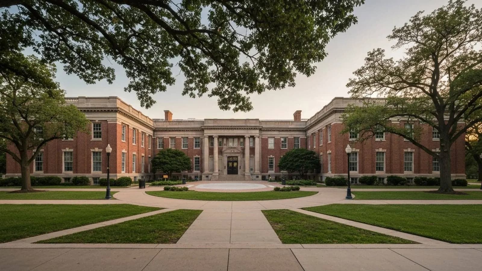 Editorial photograph of a historic museum complex exterior in Dearborn Michigan at golden hour with stately early-twentieth-century neo-classical brick architecture and manicured grounds.