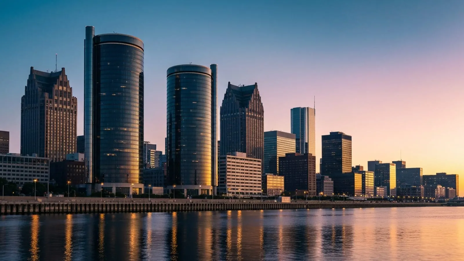 Editorial photograph of the downtown Detroit skyline along the Detroit Riverfront at golden hour with the Renaissance Center towers reflecting on the river.