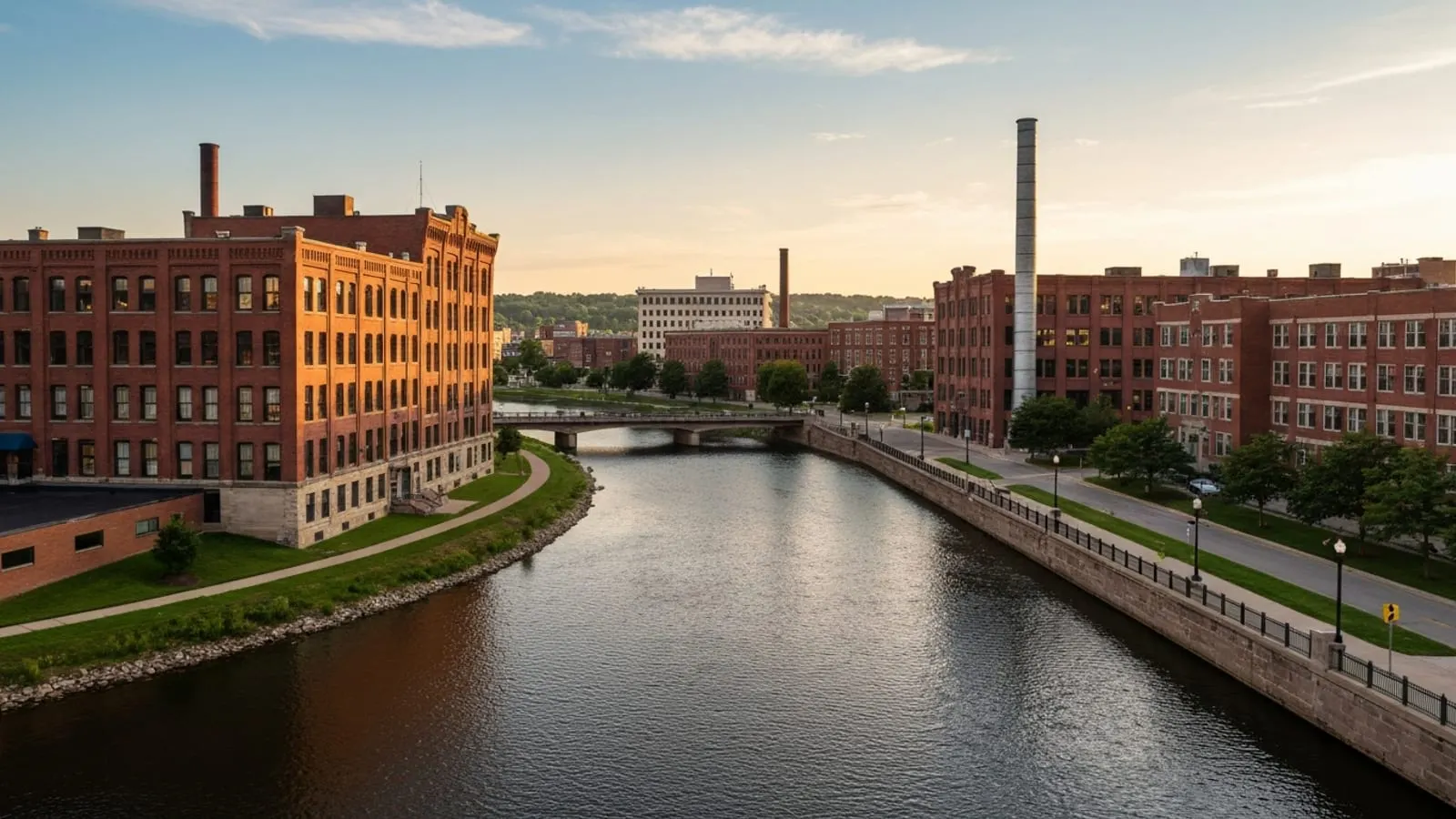 Editorial photograph of downtown Flint Michigan at golden hour with the Flint River winding through and historic riverside industrial-era brick buildings now adaptively reused.