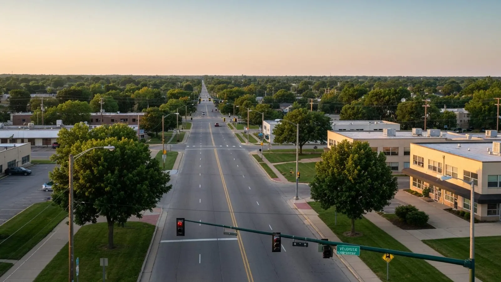 Editorial photograph of a suburban Detroit metro streetscape in Warren Michigan at golden hour with mid-century light-industrial low-rise buildings and wide boulevards.