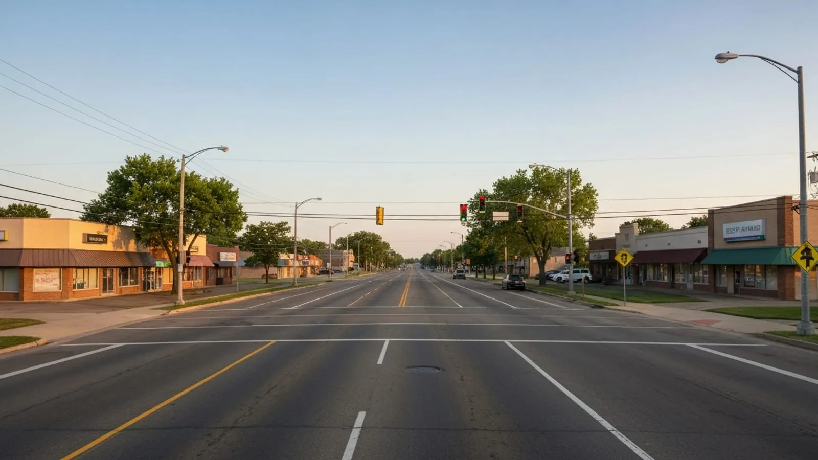 Editorial photograph of a suburban Westland Michigan main boulevard at golden hour with mid-century strip-mall commercial low-rise buildings and mature shade trees.