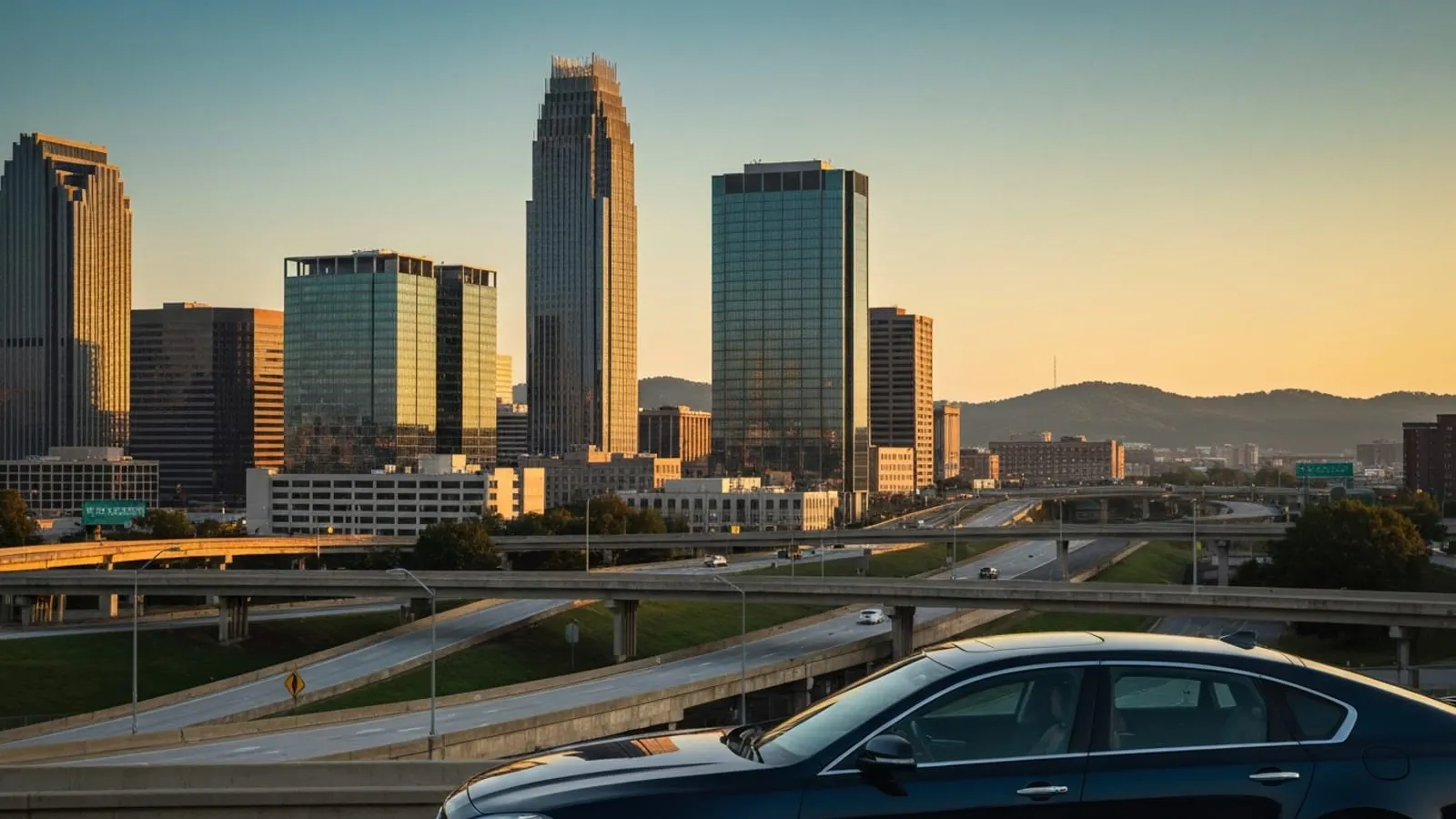 Editorial photograph of the Uptown Charlotte skyline at golden hour with the Bank of America Corporate Center tower and surrounding modern glass skyscrapers visible.