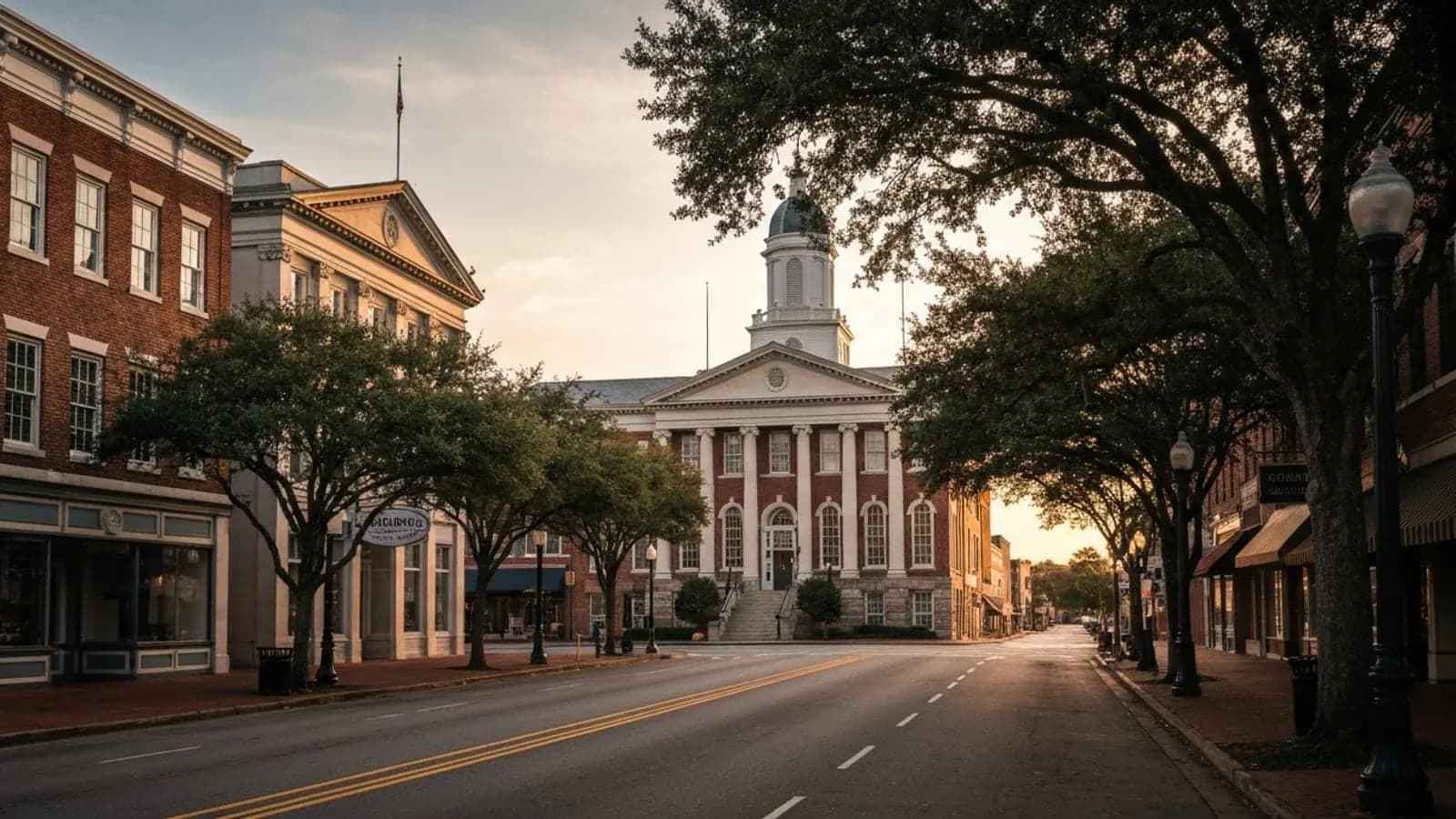 Editorial photograph of historic downtown Concord North Carolina at golden hour with the restored Cabarrus County courthouse building and mature southern oaks lining Union Street.