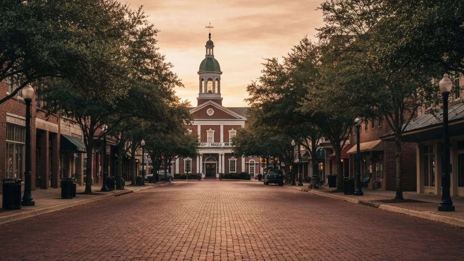 Editorial photograph of downtown Fayetteville North Carolina at golden hour with the historic Market House cupola visible above the brick streetscape of Hay Street.