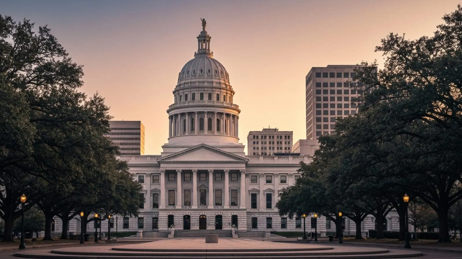 Editorial photograph of the historic North Carolina State Capitol building dome in Raleigh at golden hour with mature oak trees on Capitol Square.