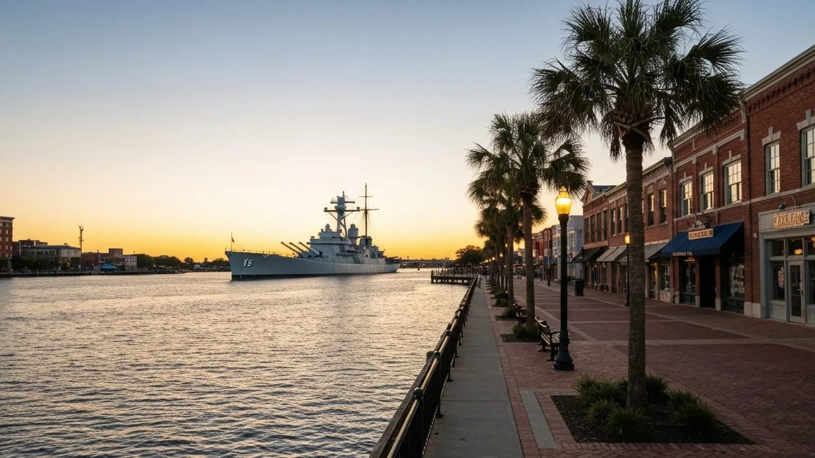 Editorial photograph of the Wilmington North Carolina Riverwalk along the Cape Fear River at golden hour with the historic battleship USS North Carolina visible across the river.