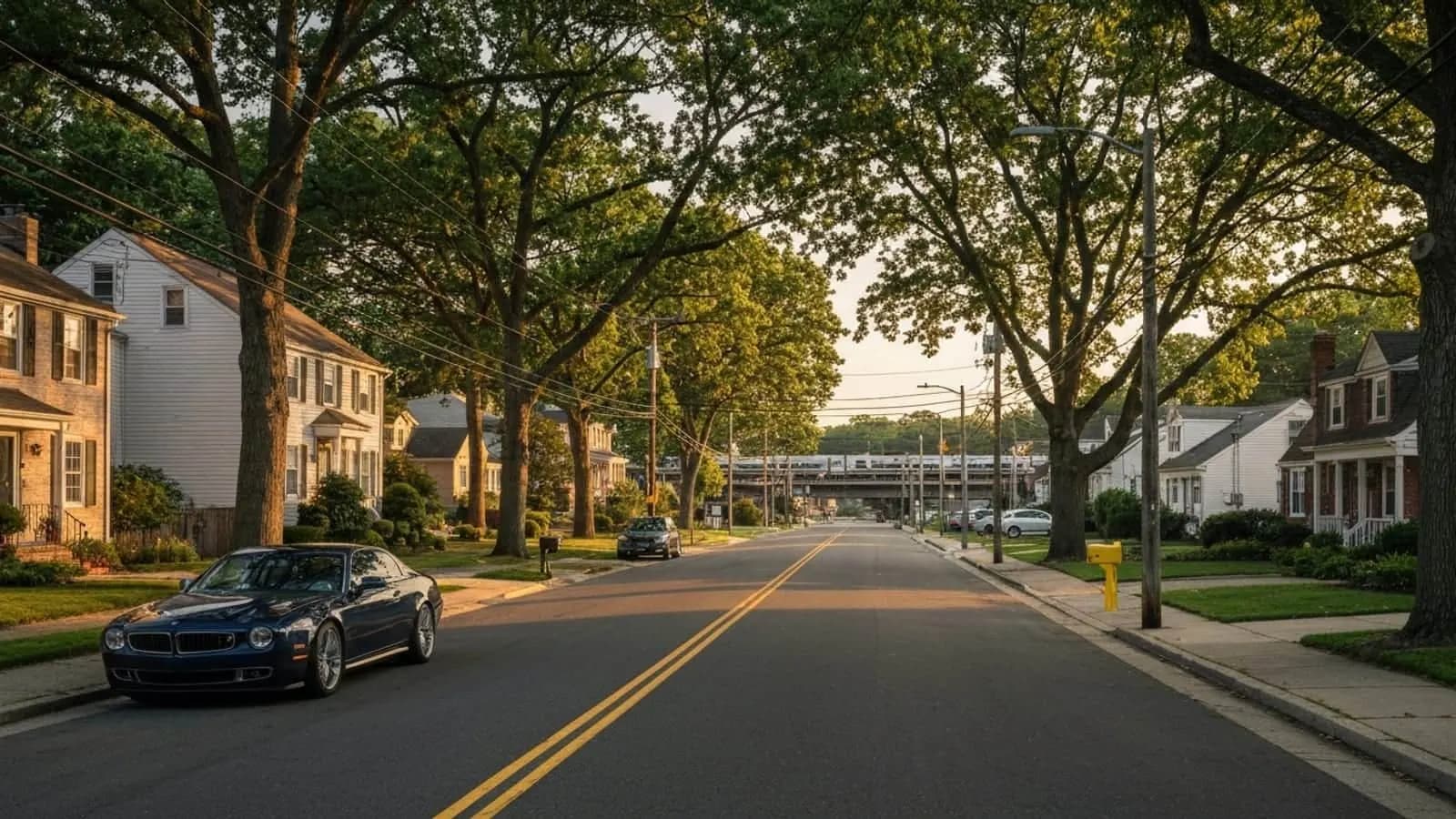 Editorial photograph of a tree-lined suburban Middlesex County New Jersey commuter street in Edison at golden hour with mid-century split-level and colonial homes and a glimpse of the NJ Transit Northeast Corridor rail line.