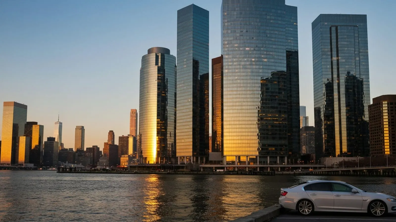 Editorial photograph of the Exchange Place waterfront in Jersey City at golden hour with high-rise glass financial-district towers reflecting amber light and the Hudson River in the foreground.