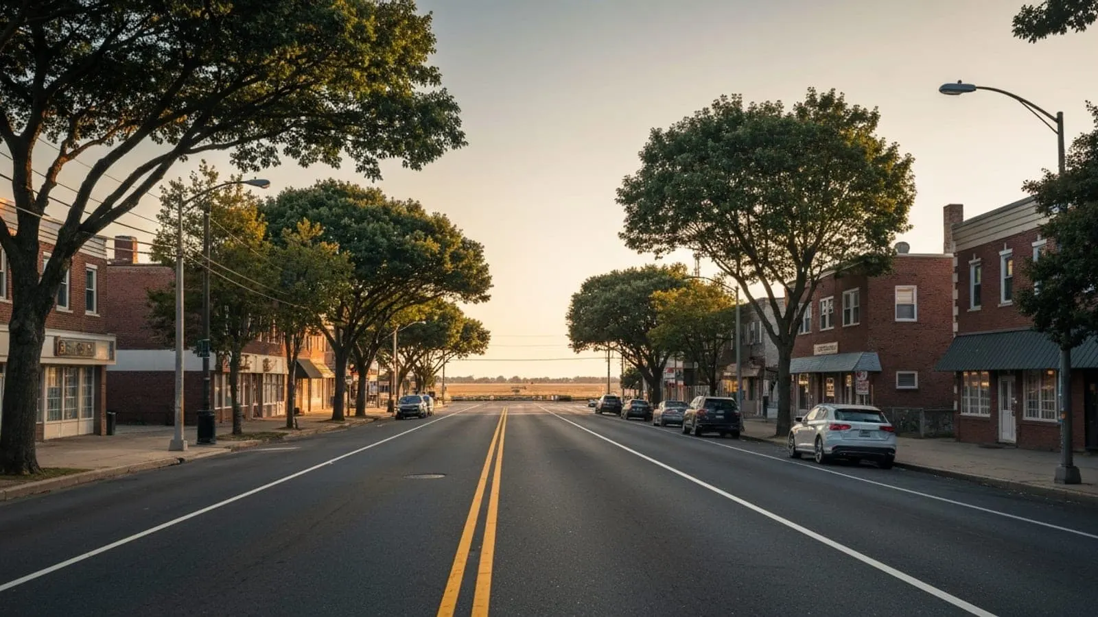 Editorial photograph of a wide tree-lined main boulevard in Lakewood New Jersey at golden hour with mature shade trees and modest brick mid-century commercial low-rise buildings.