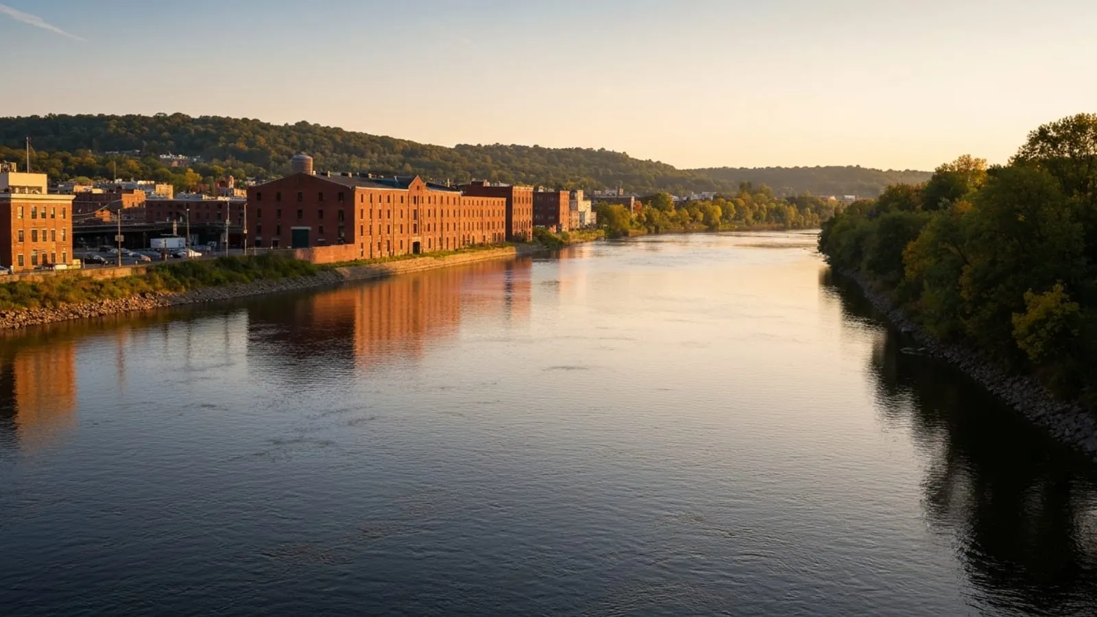 Editorial photograph of the Mohawk River winding past historic downtown Schenectady at golden hour with brick warehouses of the historic Stockade District riverfront visible.