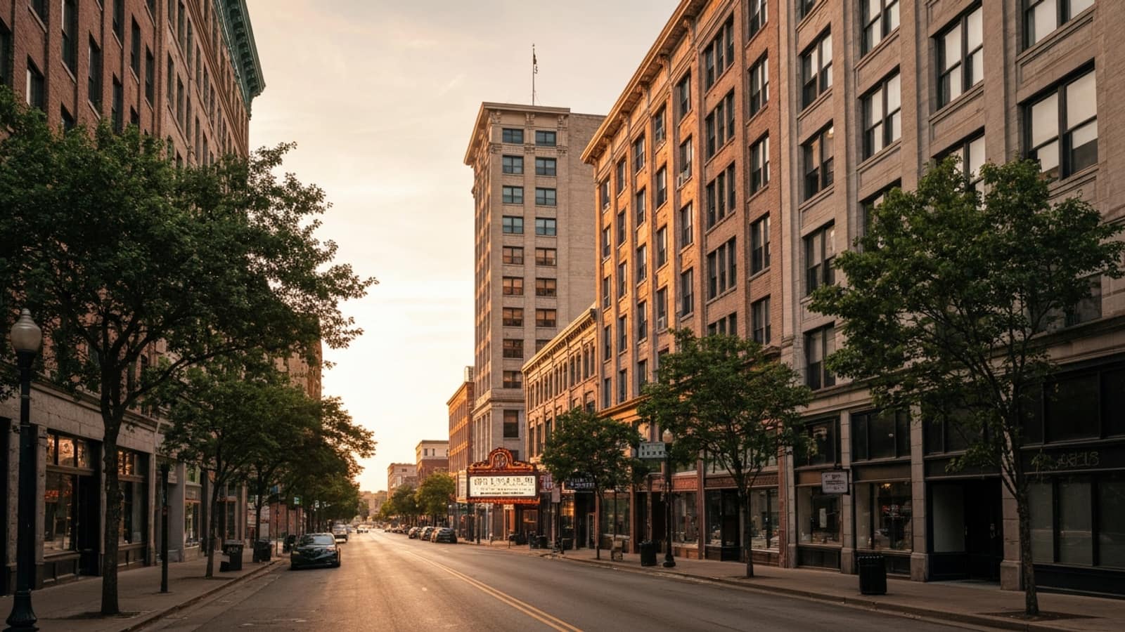 Editorial photograph of the Akron, Ohio skyline at golden hour with the Akron Art Museum and the historic Goodyear Blimp hangar visible in the background, evoking the Rubber City's industrial heritage.