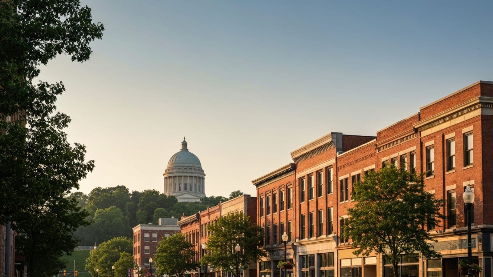 Editorial photograph of downtown Canton, Ohio at golden hour with the McKinley Presidential Library and Museum dome visible in the background, evoking Stark County's industrial heritage.