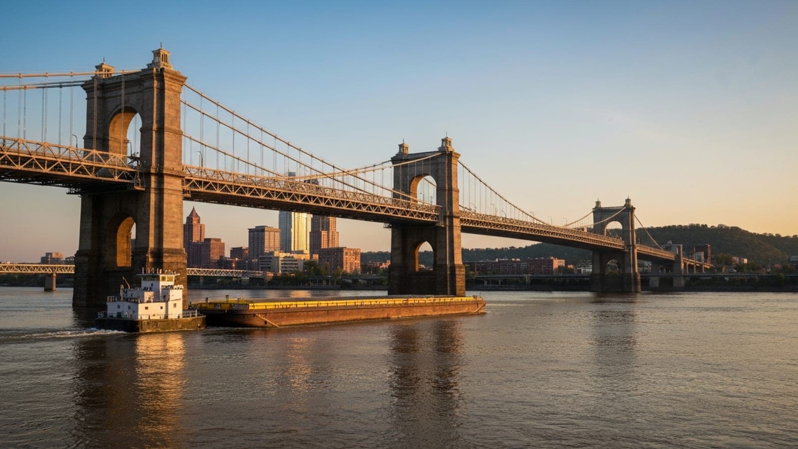 Editorial photograph of the Cincinnati, Ohio skyline at golden hour with the Roebling Suspension Bridge crossing the Ohio River in the foreground, evoking the river-port geography of southwest Ohio.