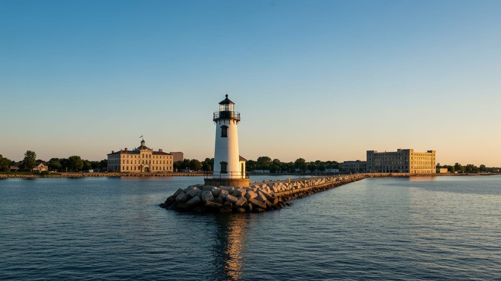 Editorial photograph of the Lorain Lighthouse on Lake Erie at golden hour with the Black River and harbor visible in the foreground, evoking the lakefront geography of north-central Ohio.