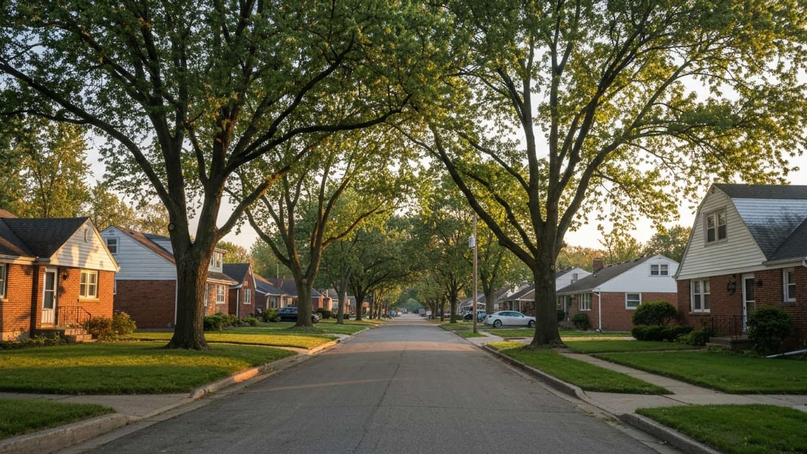 Editorial photograph of a suburban residential street in Parma, Ohio with mid-century brick homes and mature trees, evoking the Cleveland-suburban geography of Cuyahoga County south.