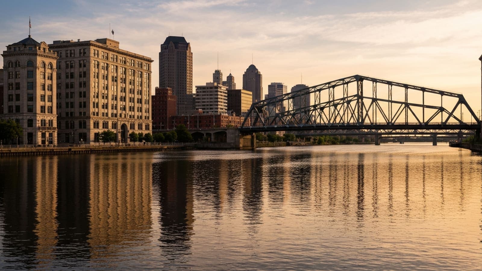 Editorial photograph of the Toledo, Ohio skyline at golden hour with the Maumee River and the Anthony Wayne Bridge in the foreground, evoking the Glass City's river-port geography.