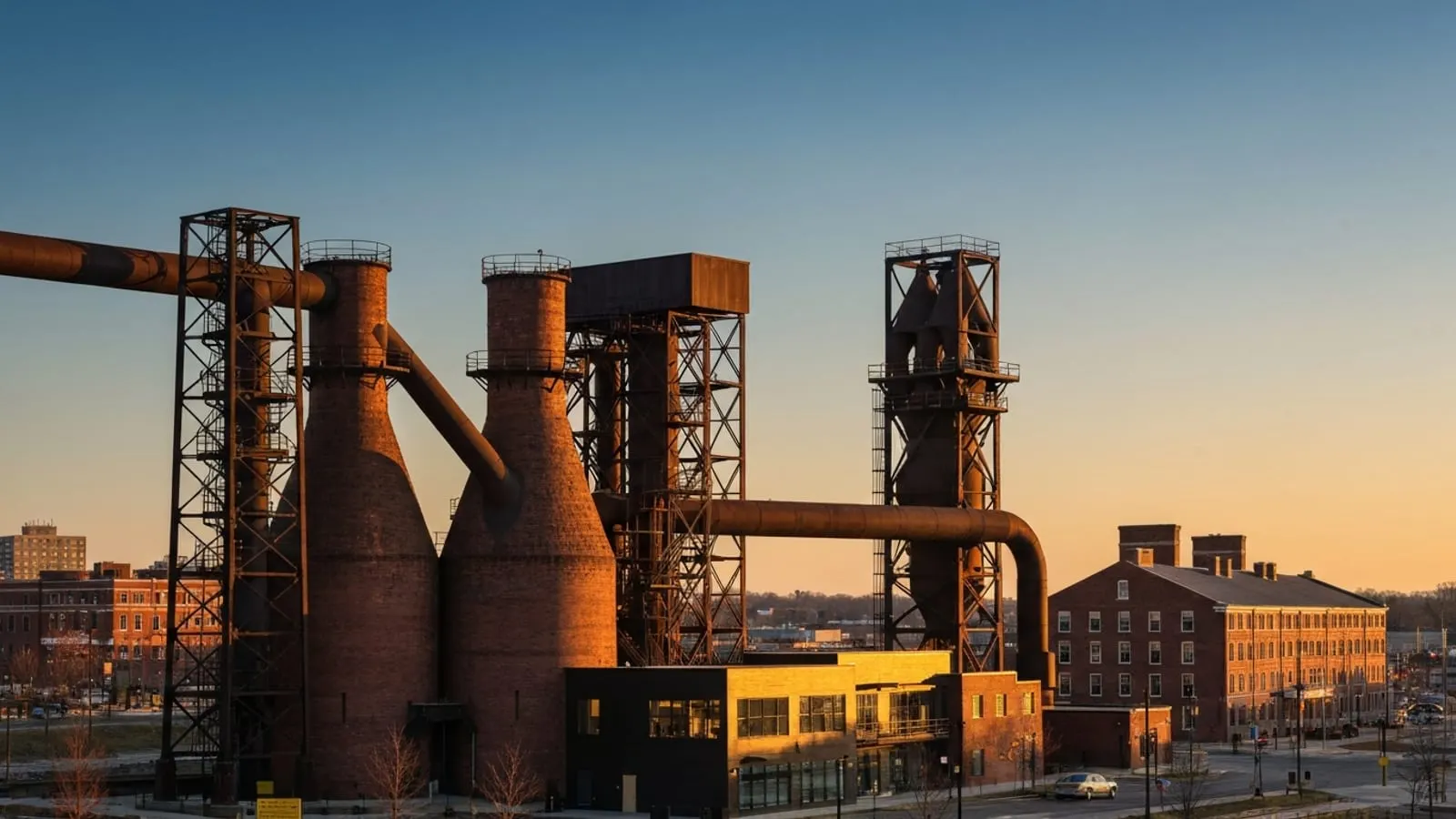 Editorial photograph of the SteelStacks blast-furnace structures lit at golden hour with the Bethlehem skyline visible behind, evoking the city's industrial heritage and modern arts-district redevelopment.