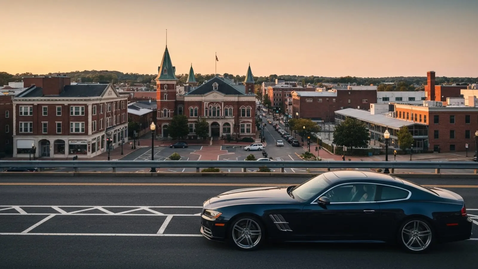 Editorial photograph of Lancaster Central Market and the Penn Square district at golden hour with the historic 19th-century brick architecture of downtown Lancaster.