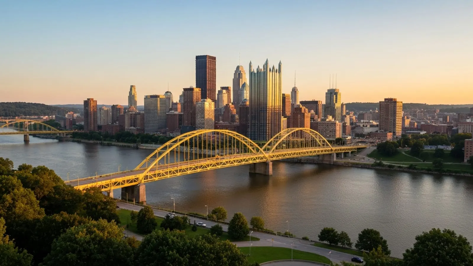 Editorial photograph of the Pittsburgh skyline at golden hour from Mount Washington with the confluence of the Allegheny, Monongahela, and Ohio rivers at Point State Park visible below.