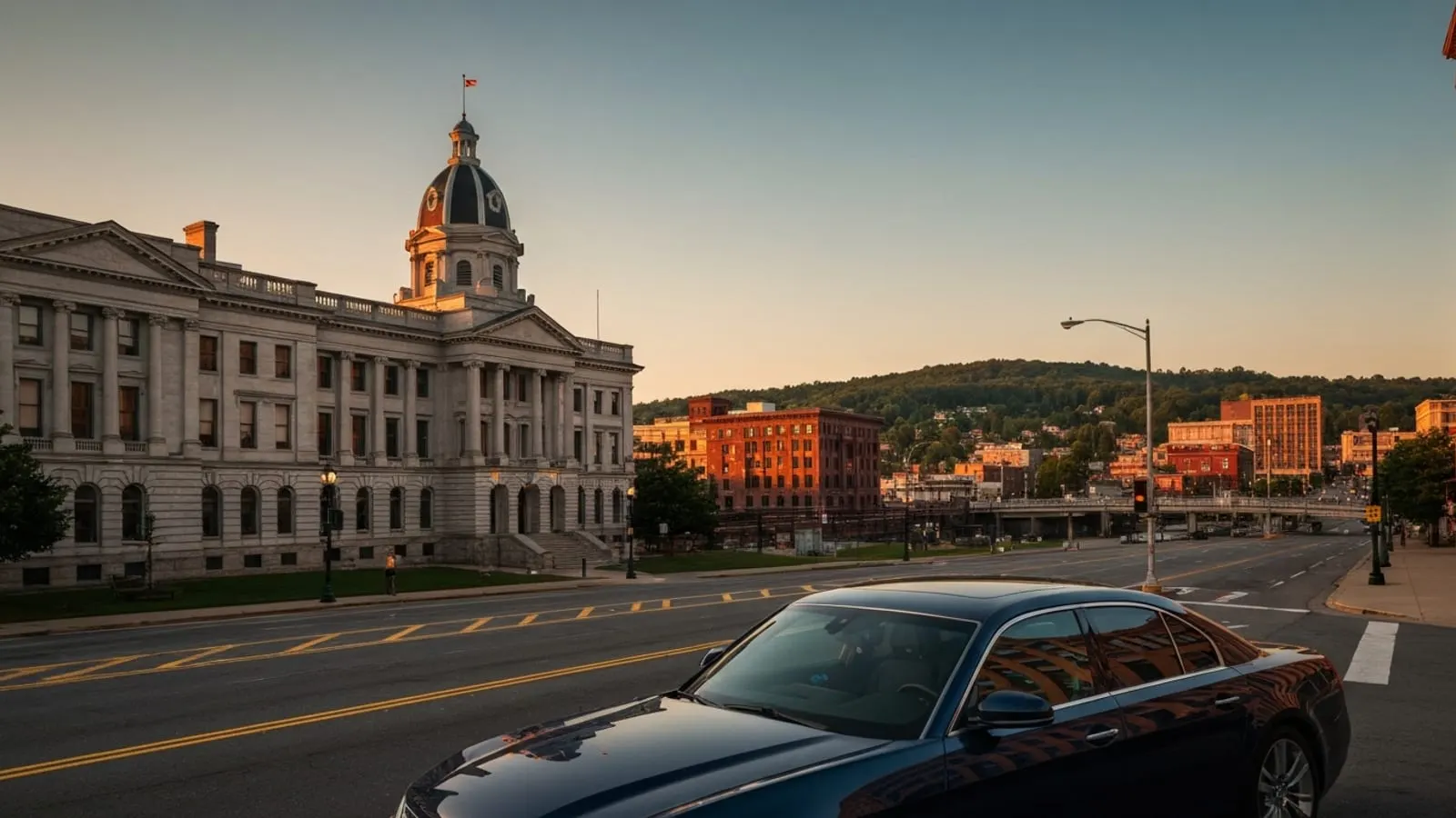 Editorial photograph of the Lackawanna County Courthouse and downtown Scranton at golden hour with the surrounding hills and the Steamtown National Historic Site visible.