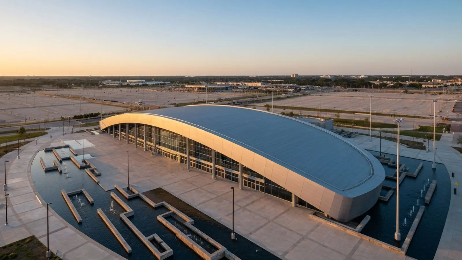 AT&T Stadium and Globe Life Field exterior at golden hour in the Arlington Entertainment District