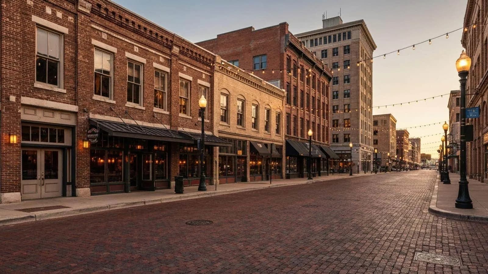 Fort Worth Sundance Square at sunset with the historic downtown brick facades and string lights overhead