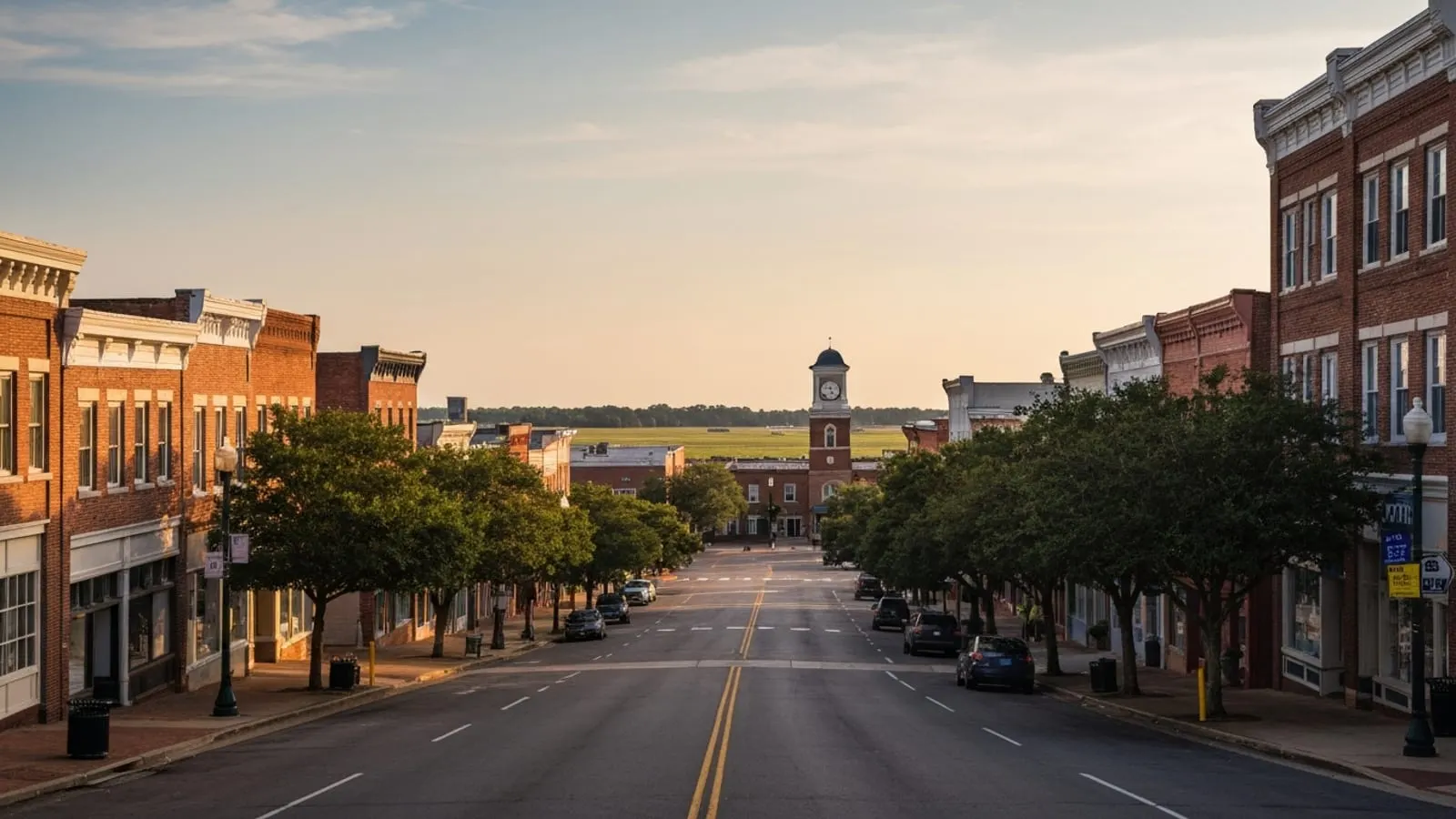 Editorial photograph of historic downtown Suffolk Virginia at golden hour with a low-rise brick main-street commercial district and flat agricultural Tidewater horizon.