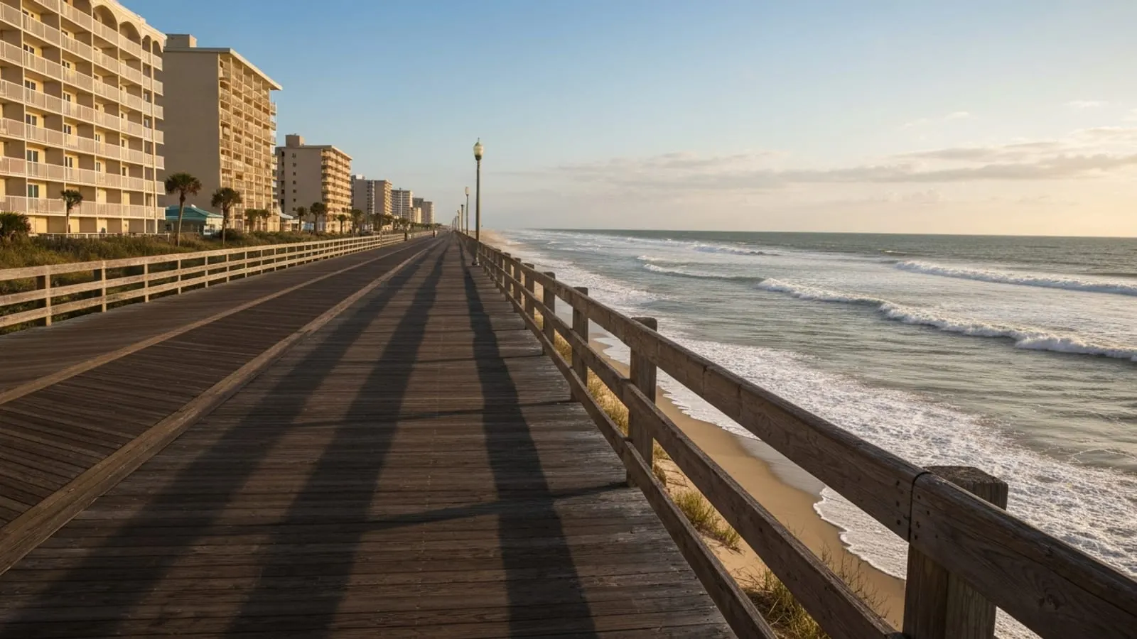 Editorial photograph of the Virginia Beach oceanfront boardwalk at golden hour with the Atlantic Ocean on the right and mid-rise resort buildings on the left.