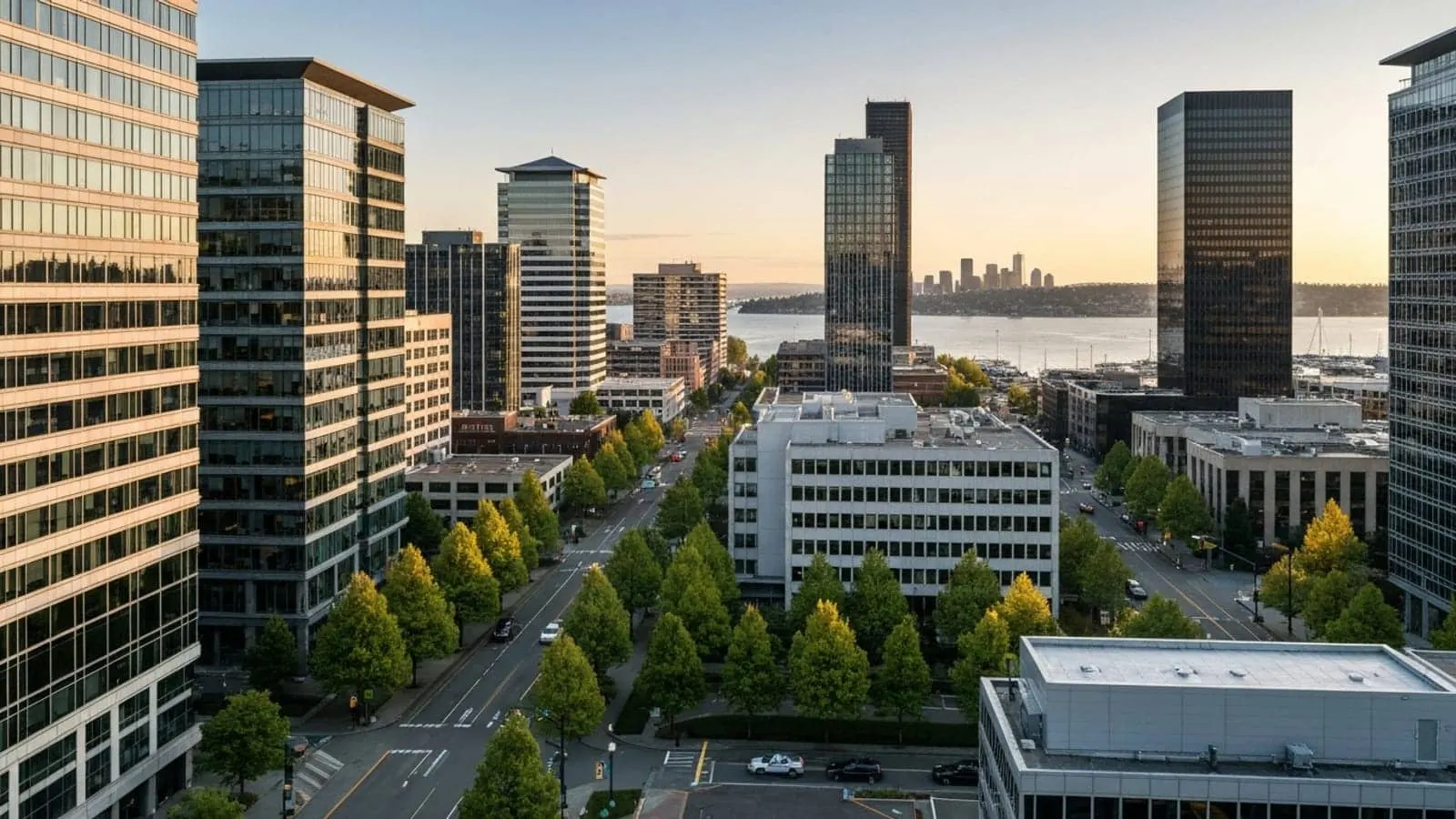 Editorial photograph of the modern downtown Bellevue Washington skyline at golden hour with glass mid-rise corporate office buildings and Lake Washington visible in the distance with the Seattle skyline silhouetted on the far shore.