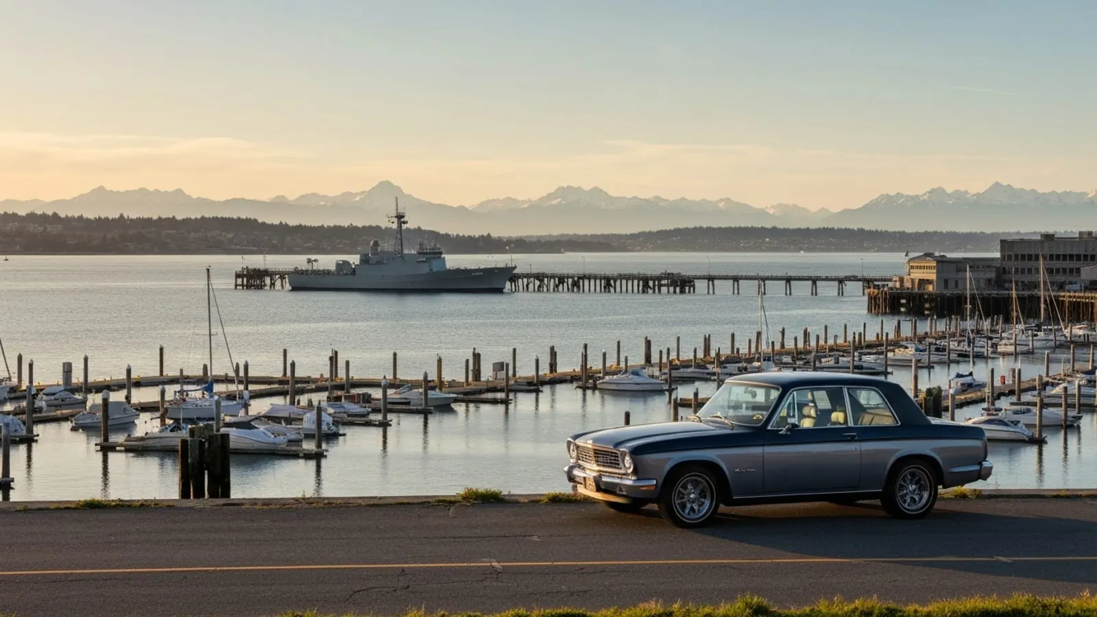 Editorial photograph of the Everett Washington waterfront on Possession Sound at golden hour with the harbor marina and the snow-capped Olympic Mountains visible across Puget Sound in the distance.