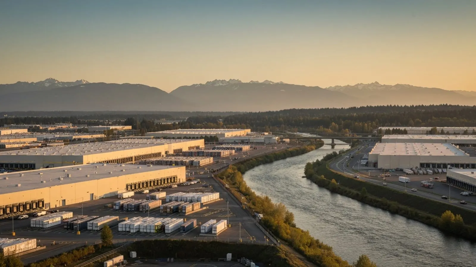 Editorial photograph of the Kent Valley industrial logistics corridor in Kent Washington at golden hour with large warehouse distribution centers and the Cascade Mountain foothills rising in the distance.