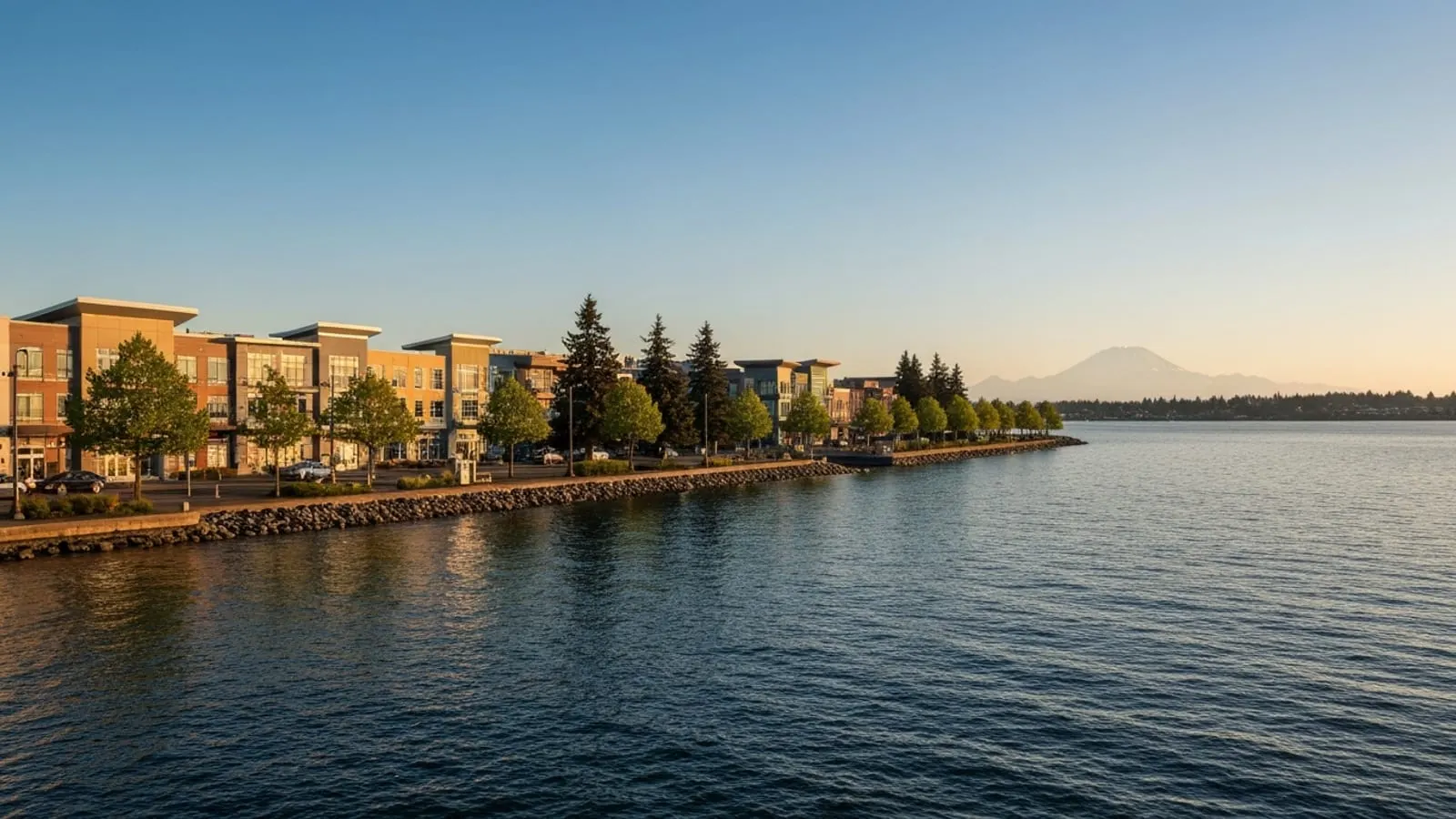 Editorial photograph of the Renton Landing waterfront district on the south shore of Lake Washington at golden hour with modern mixed-use retail buildings and Mount Rainier silhouetted in the distant background.