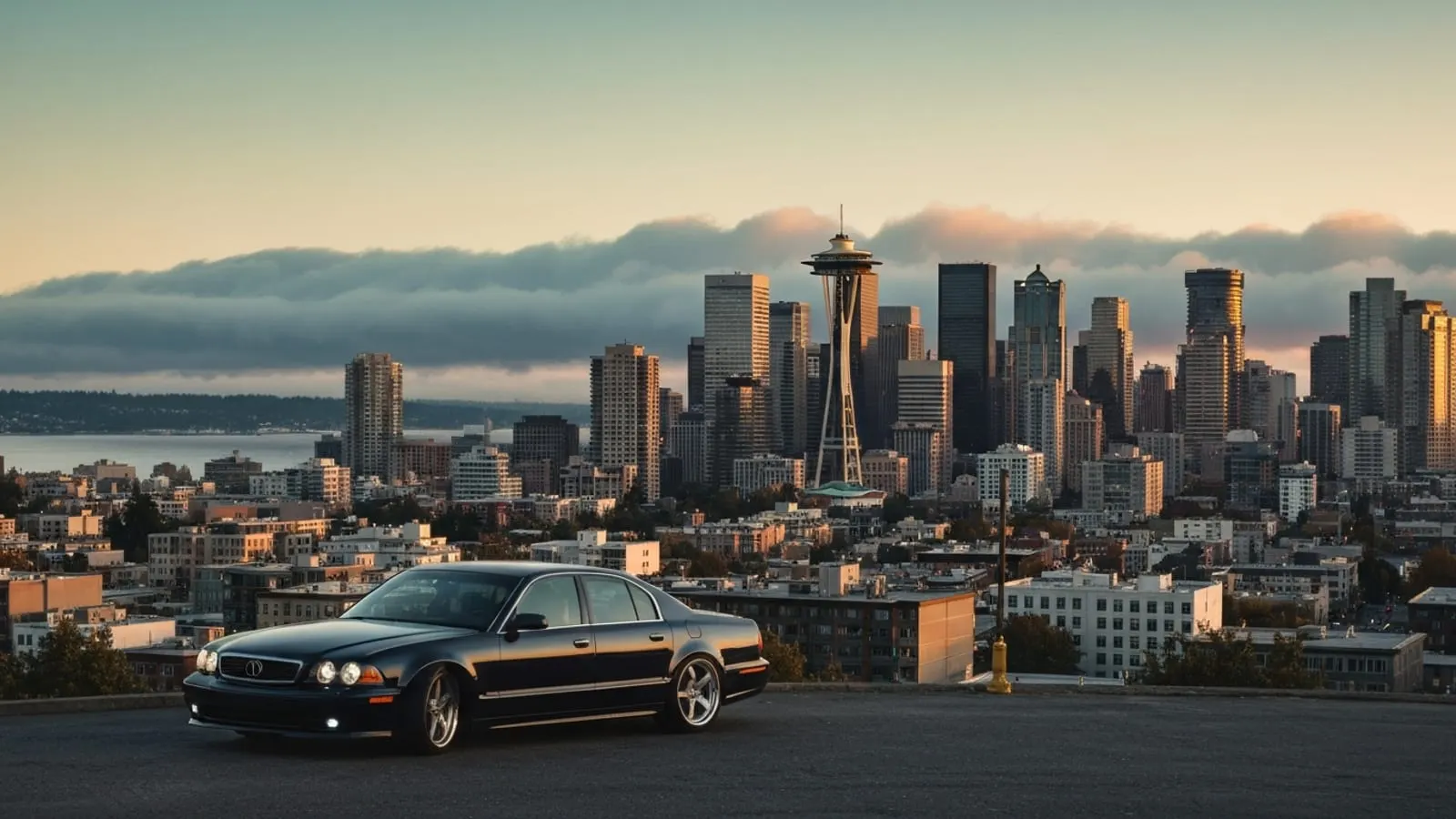 Editorial photograph of the Seattle Capitol Hill neighborhood at golden hour with the downtown skyline and Space Needle visible mid-ground and Pacific Northwest marine clouds rolling in from Elliott Bay.