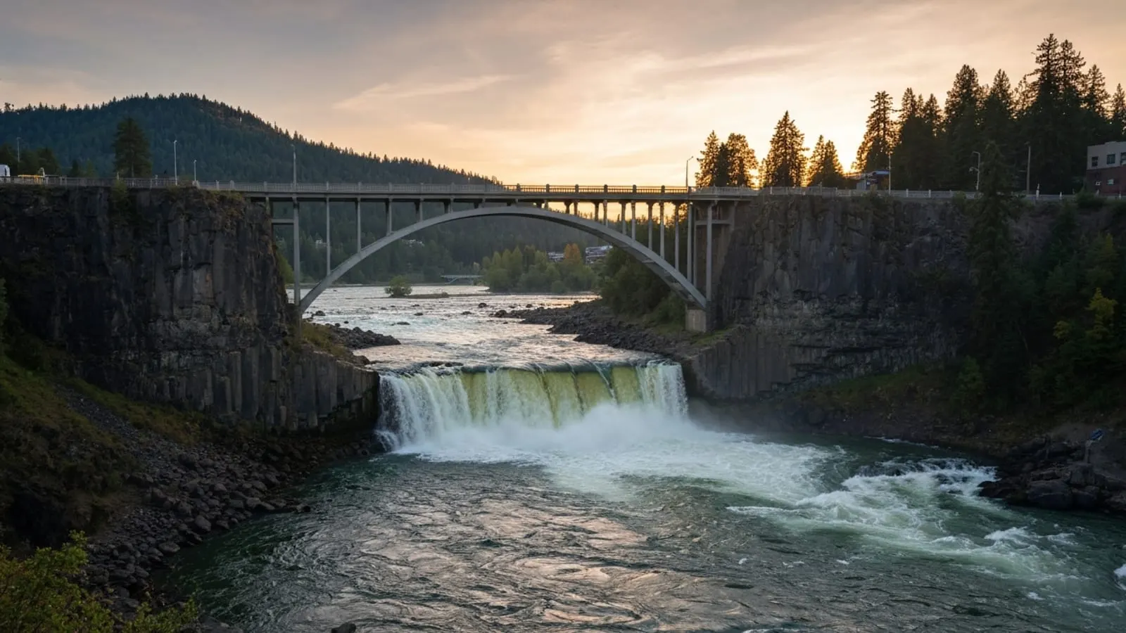 Editorial photograph of Spokane Falls in downtown Spokane Washington at golden hour with whitewater cascading over basalt rocks and the historic Monroe Street Bridge arching overhead.