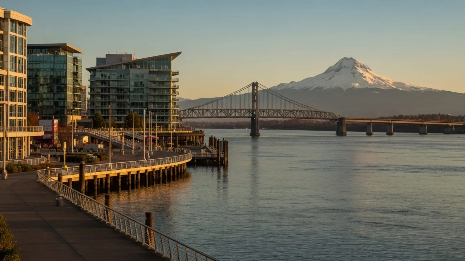 Editorial photograph of the Vancouver Washington waterfront along the Columbia River at golden hour with modern riverfront promenade and the Interstate Bridge crossing to Oregon visible mid-ground.